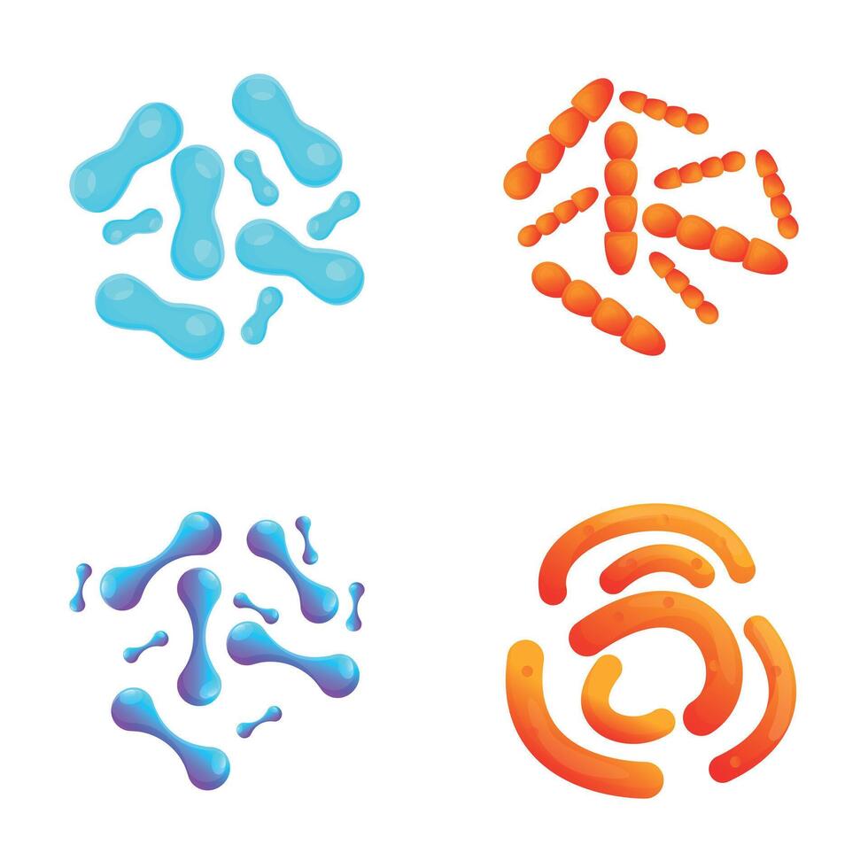 Microorganism icons set cartoon . Various type bacteria virus and protozoa vector