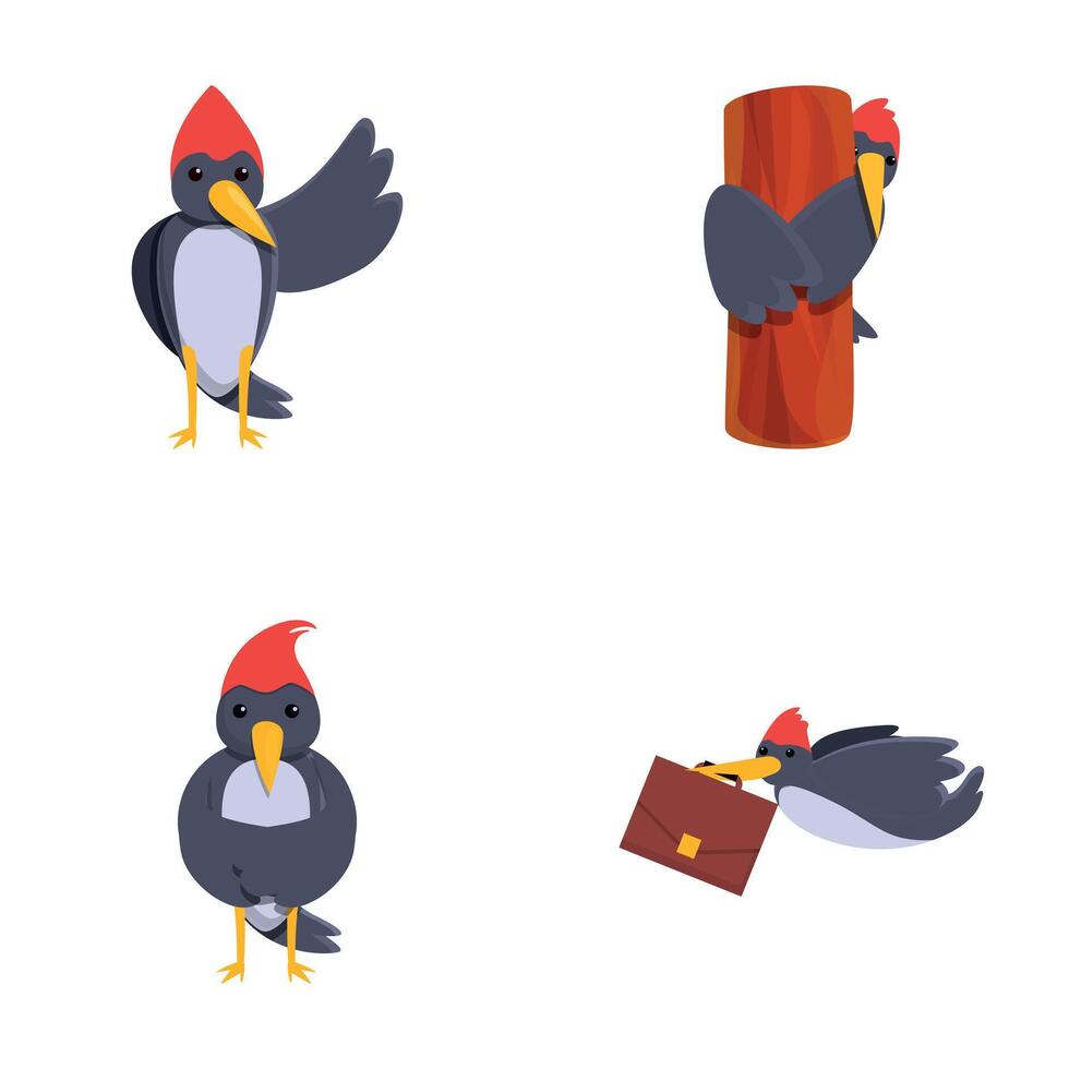 Woodpecker icons set cartoon . Funny bright woodpecker bird vector