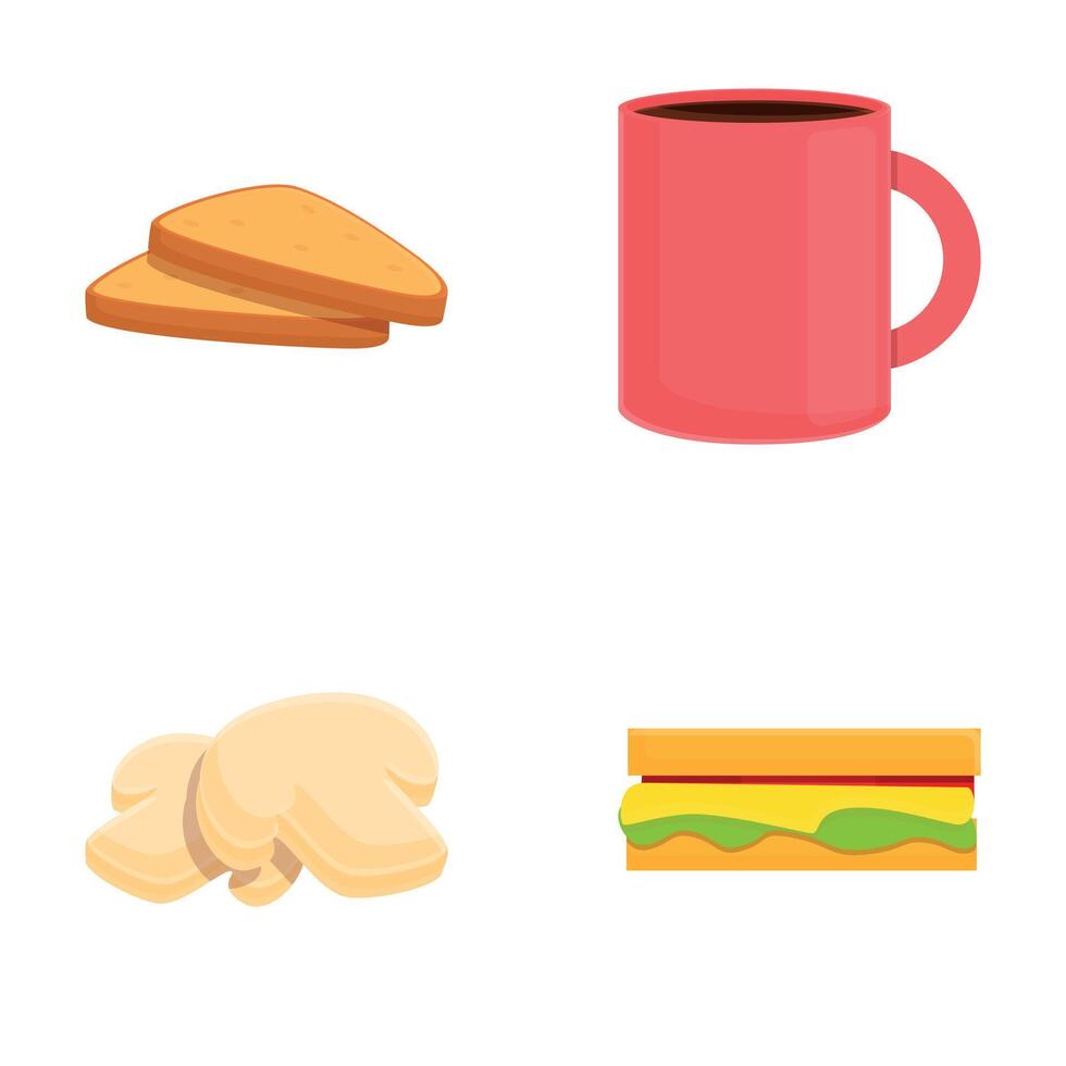 Breakfast food icons set cartoon . Various morning food and drink vector