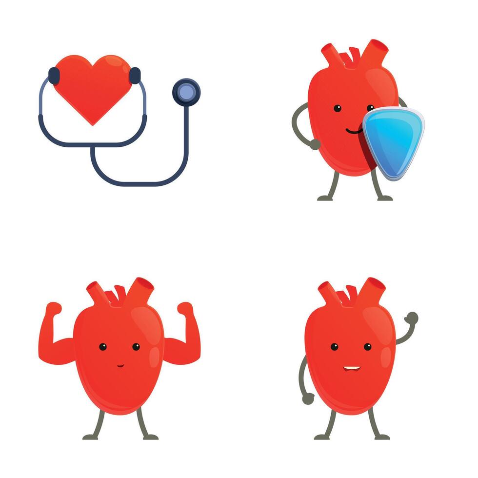 Healthy heart icons set cartoon . Cute happy healthy heart organ vector