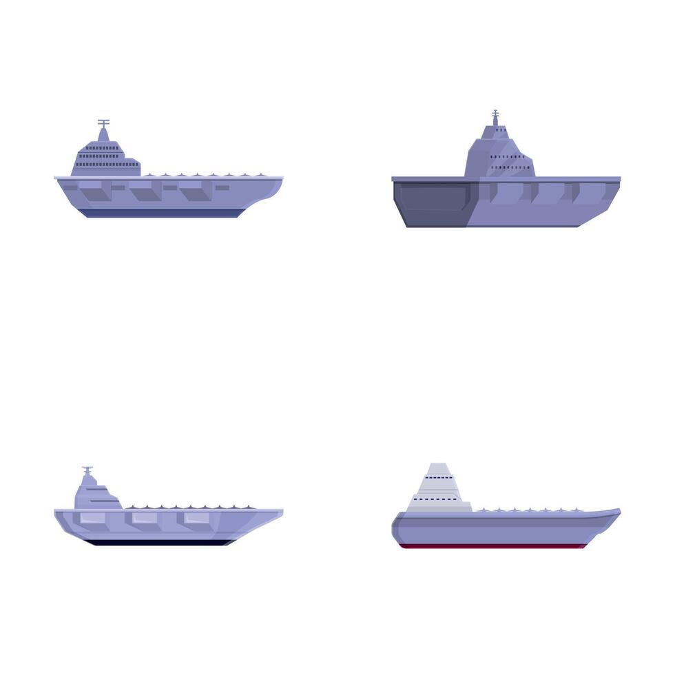Warship icons set cartoon . Aircraft carrier with plane on board vector