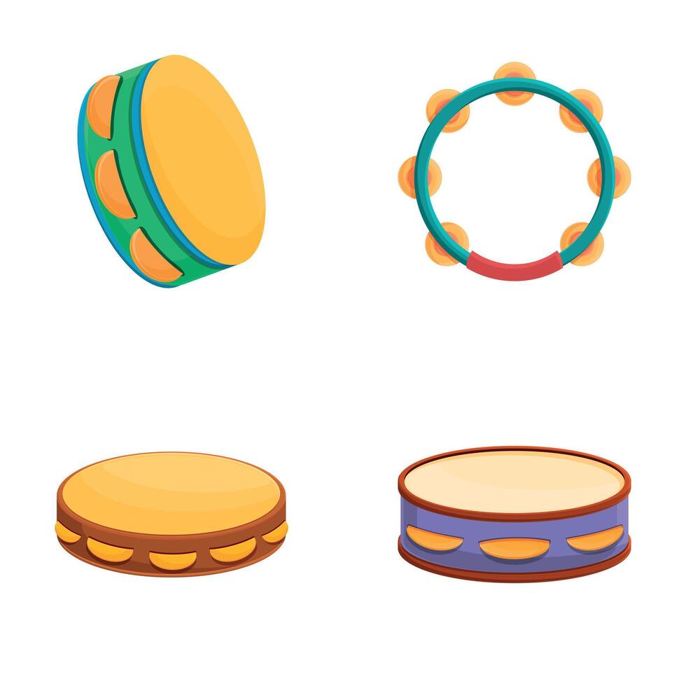 Wood tambourine icons set cartoon . Tambourine of various style and color vector