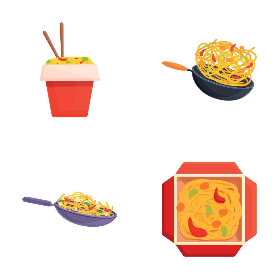 Wok noodle icons set cartoon . Asian noodle in box and frying pan vector