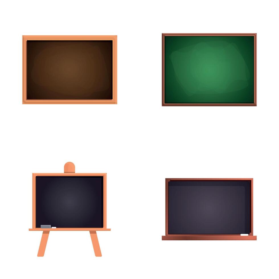 Wooden chalkboard icons set cartoon . Black and green blackboard in frame vector