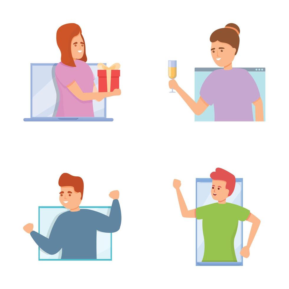 Party online icons set cartoon . Holiday in period of self isolation vector