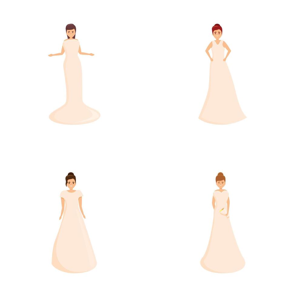 Cartoon bride icons set cartoon . Bride in various dress style vector