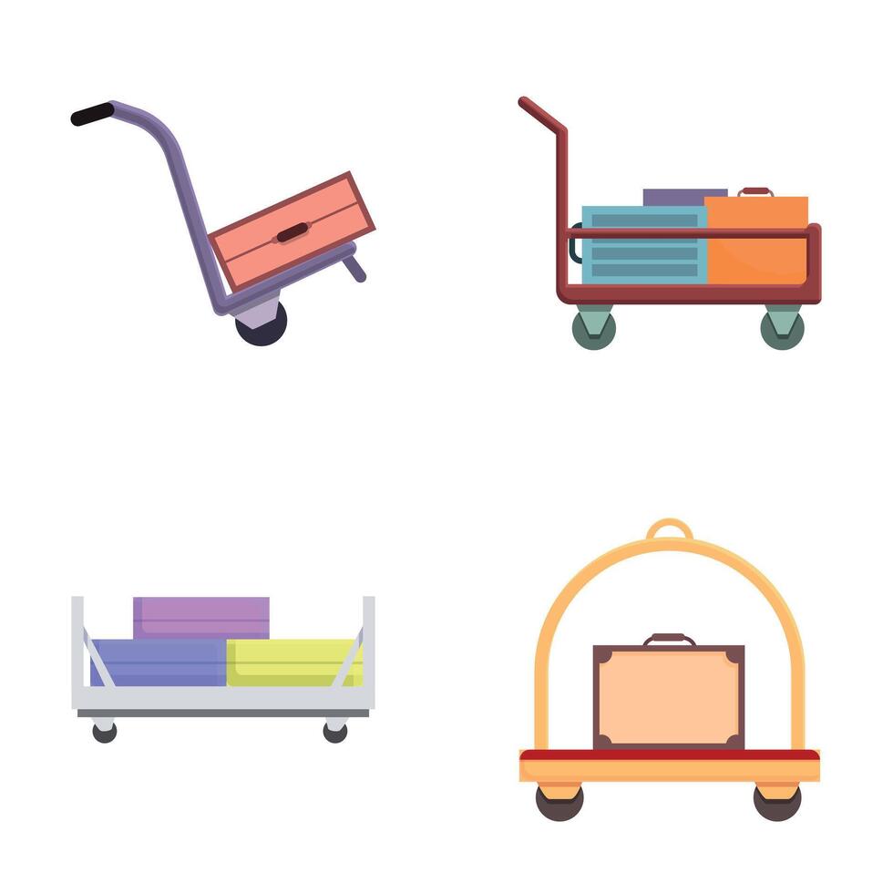 Bag trolley icons set cartoon . Various travel suitcase on cart vector