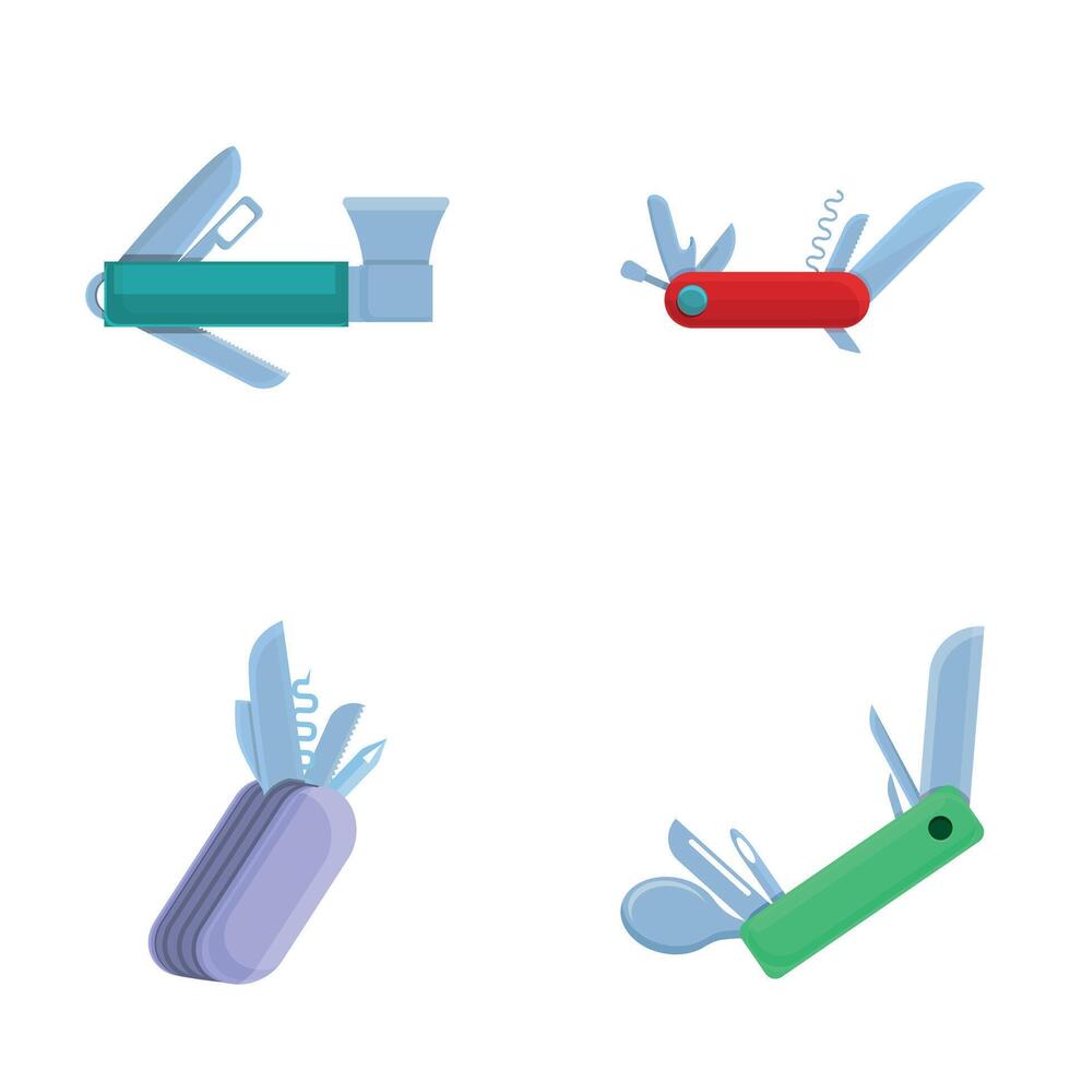 Multi knife icons set cartoon . Pocket multipurpose folding knife vector