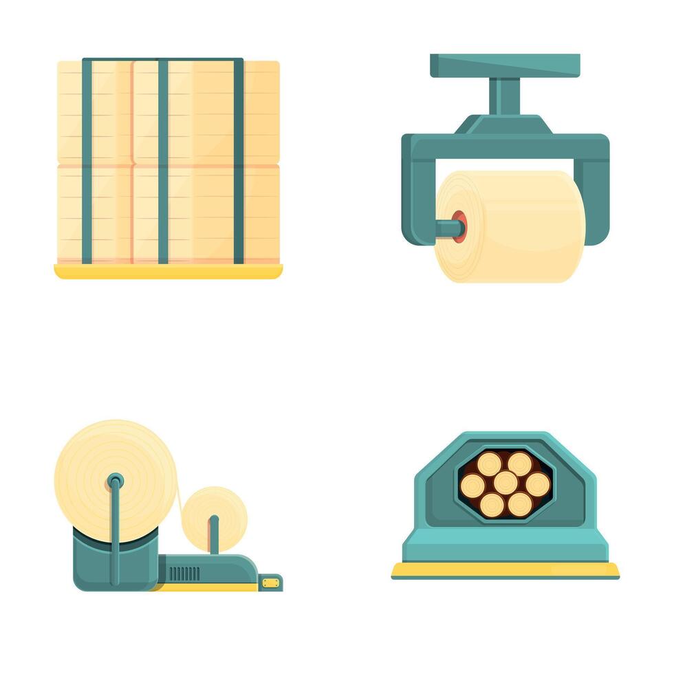 Paper manufacturing icons set cartoon . Equipment for paper production vector