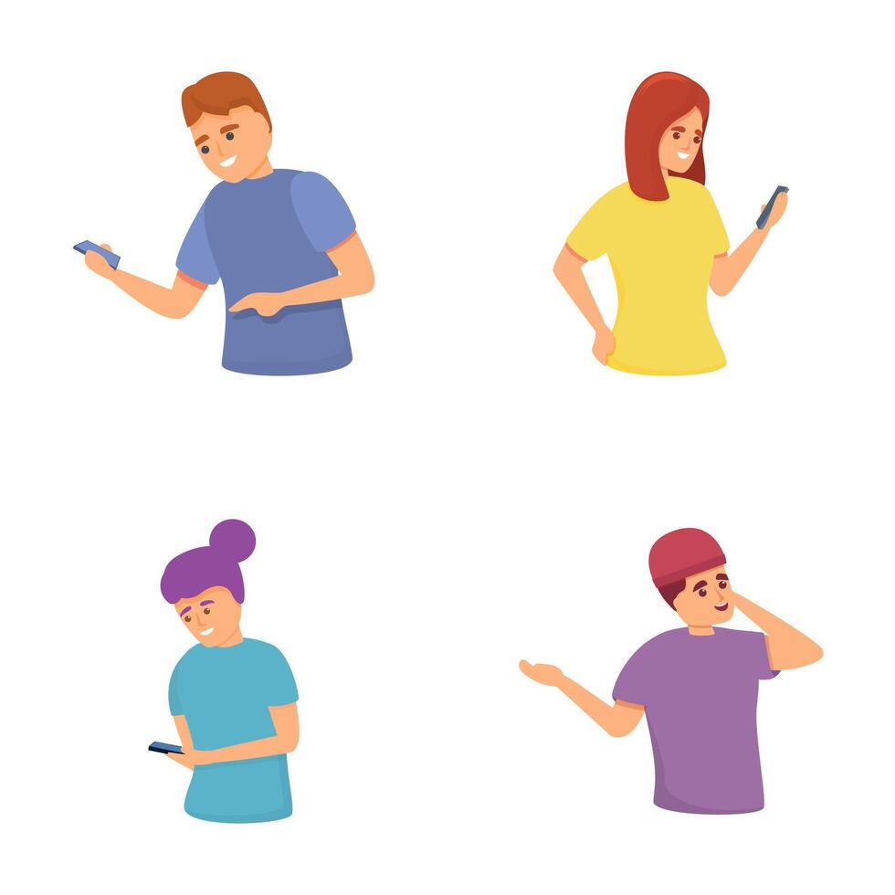 Smartphone addiction icons set cartoon . Human talking and typing on phone vector