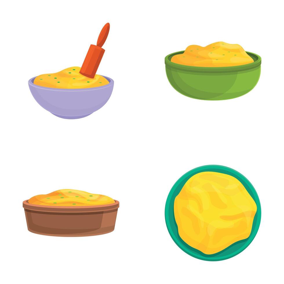 patata plato íconos conjunto dibujos animados . Fresco machacado patata en cuenco vector