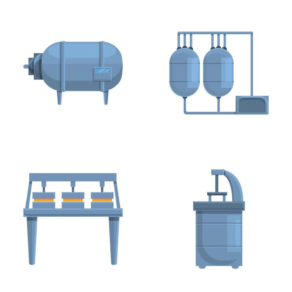 Dairy production icons set cartoon . Equipment for production of cheese vector