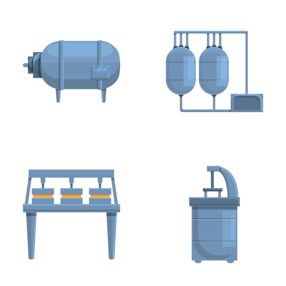 lechería producción íconos conjunto dibujos animados . equipo para producción de queso vector