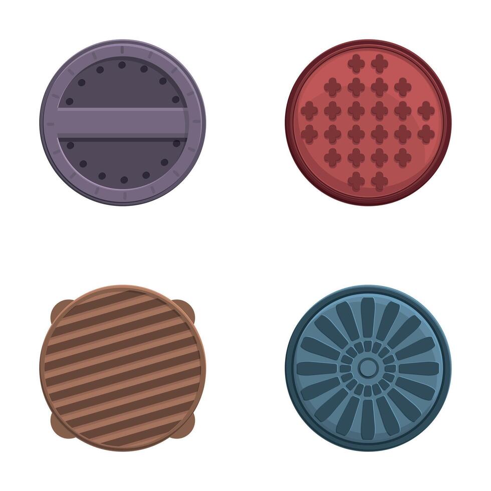 Iron hatch icons set cartoon . Road manhole of various shape and color vector