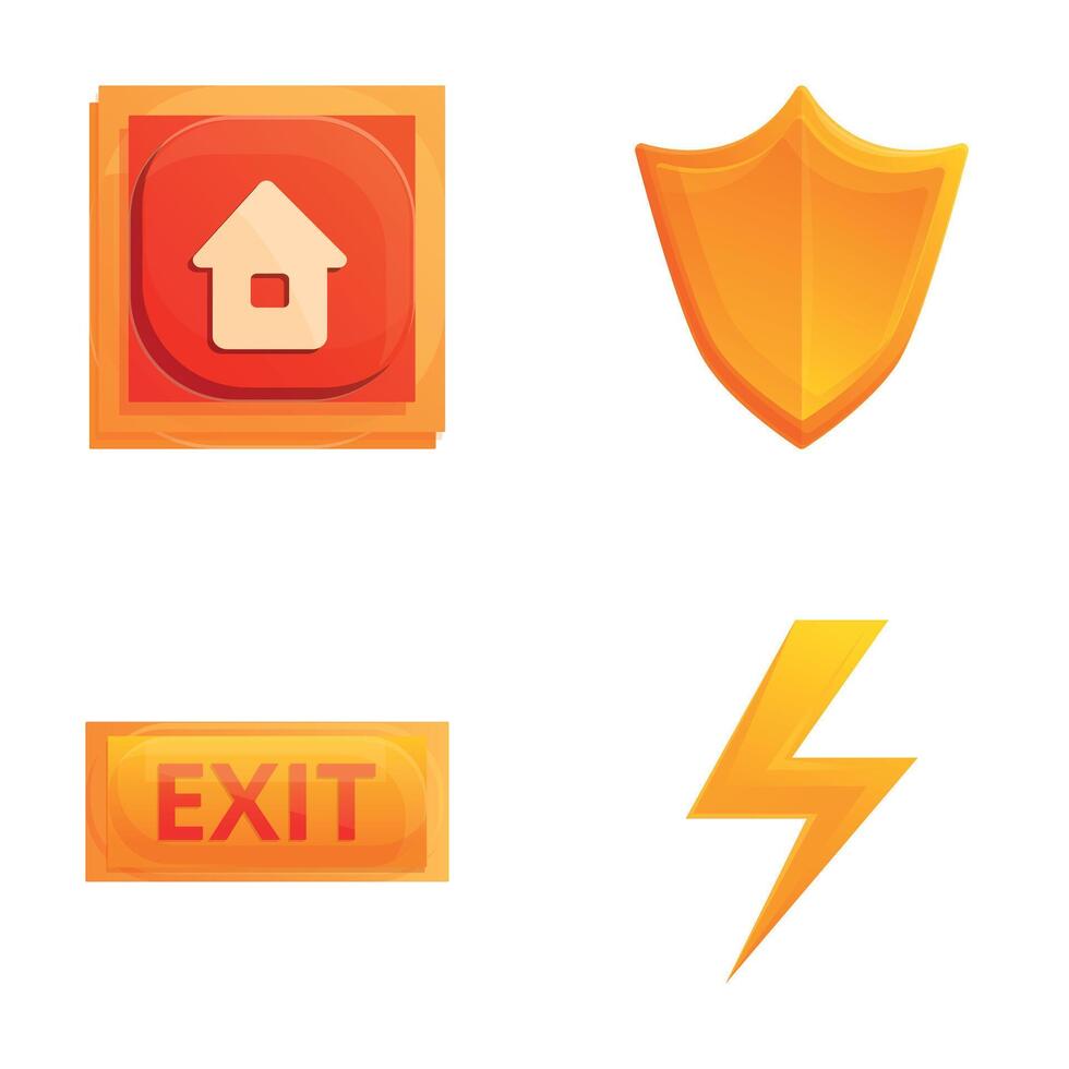 Defense icons set cartoon . Button for home shield lightning and exit sign vector