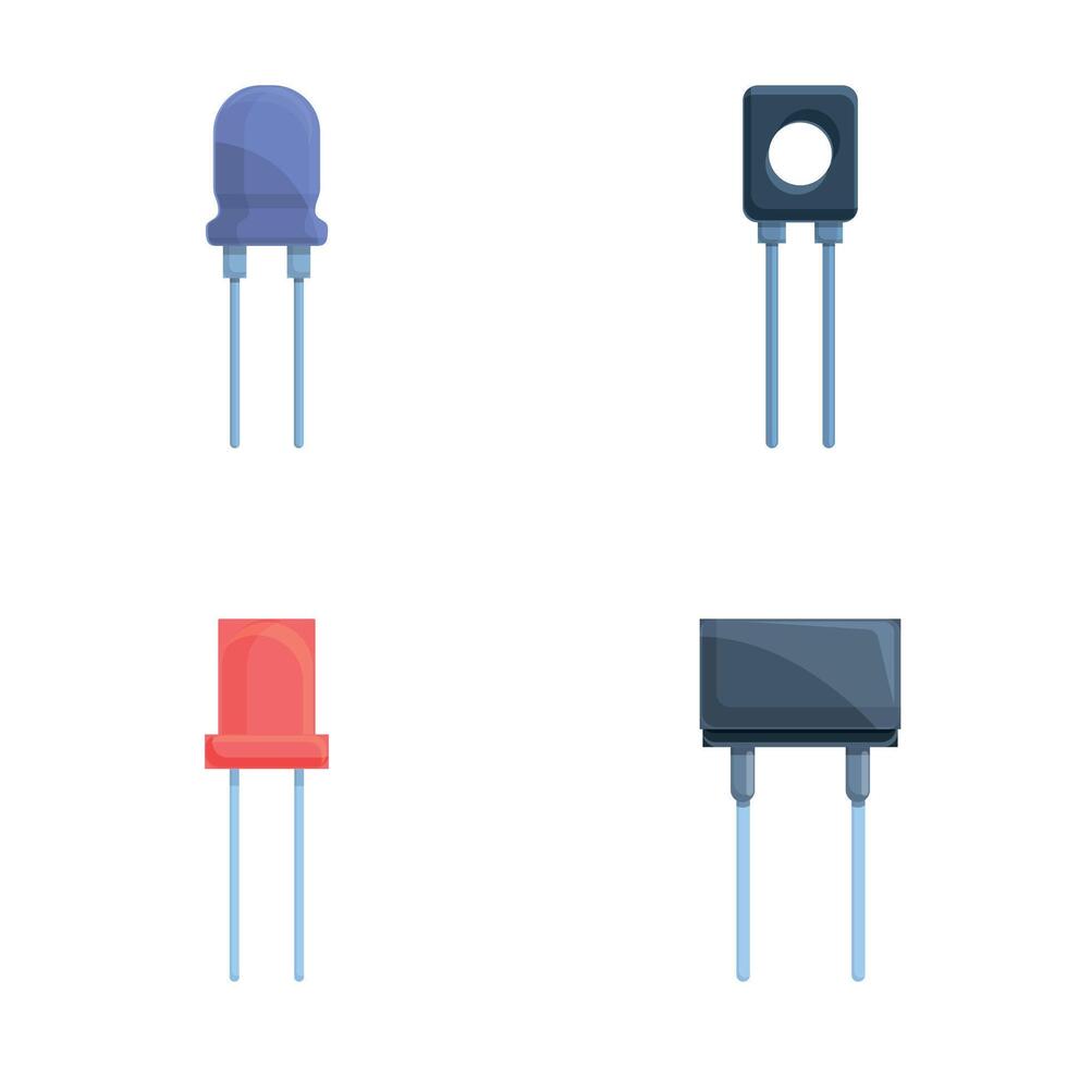 Various capacitor icons set cartoon . Capacitor and transistor vector