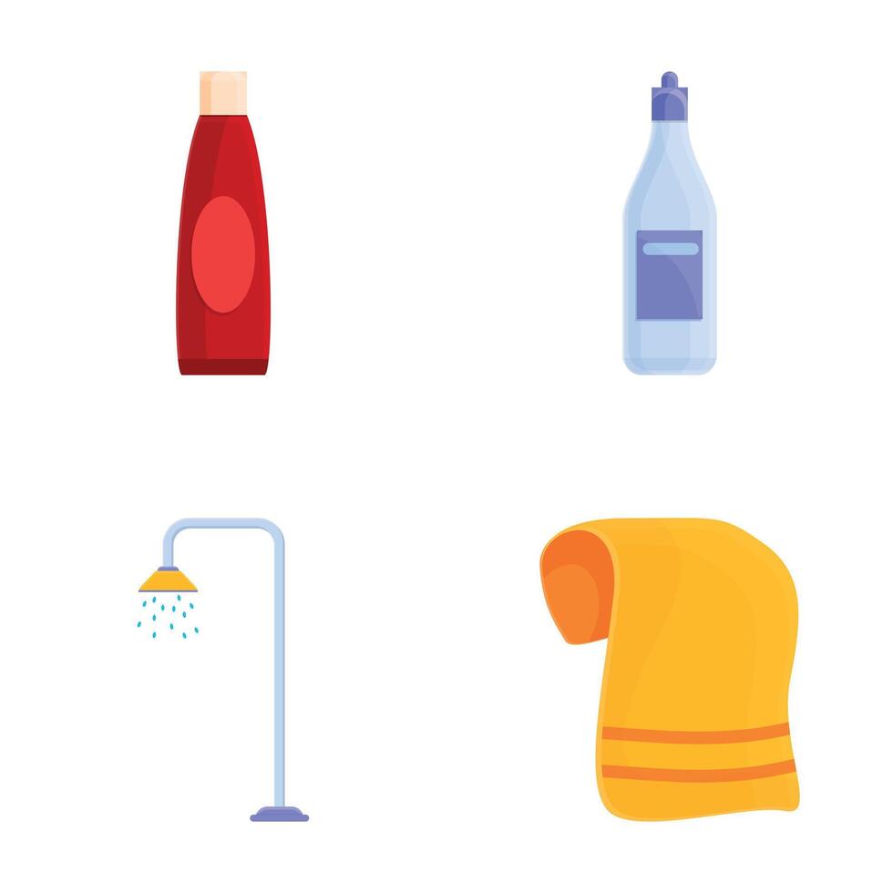 Bathing equipment icons set cartoon . Various accessory for bathing vector