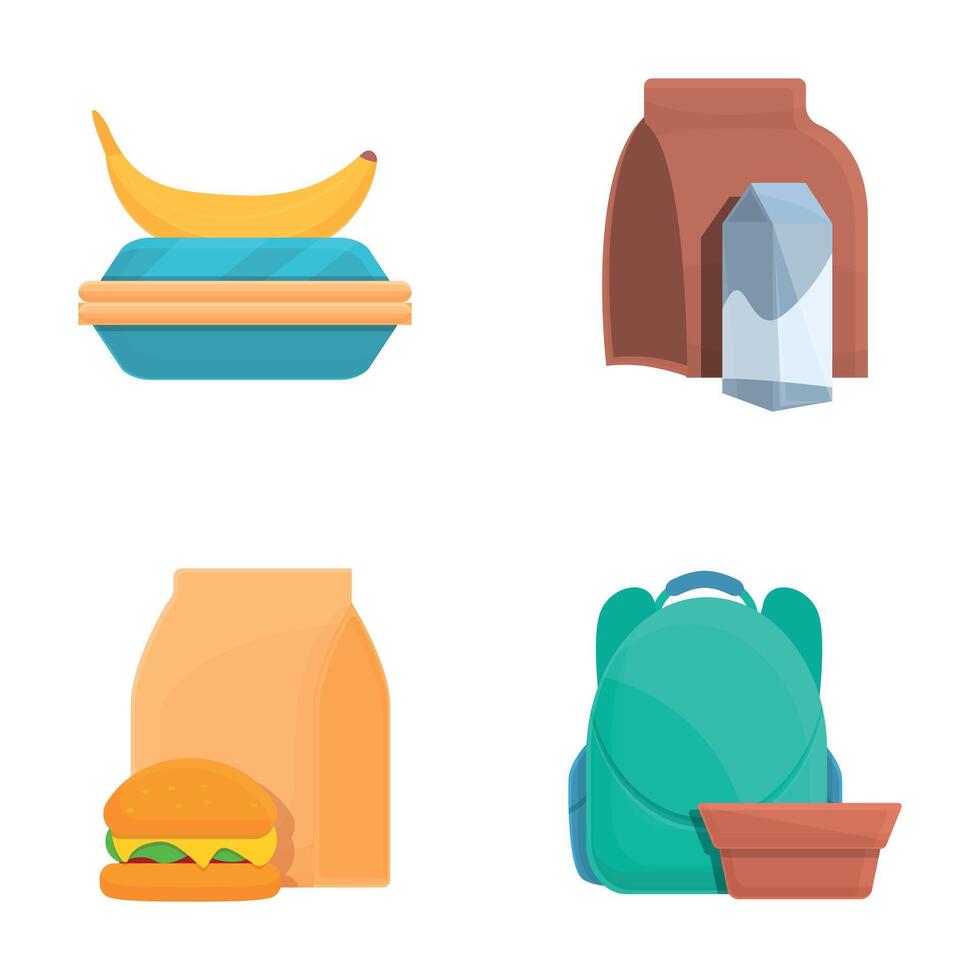 School breakfast icons set cartoon . Lunch box with various food vector