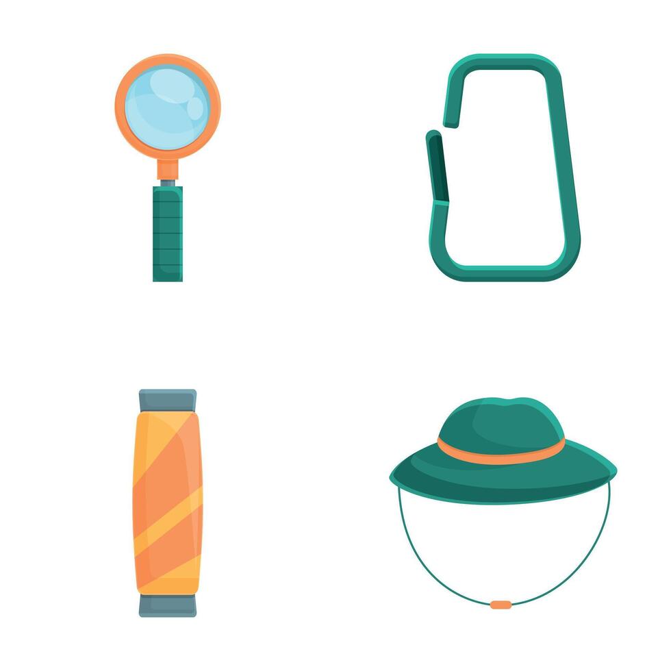 Hiking equipment icons set cartoon . Various tool for hiking vector