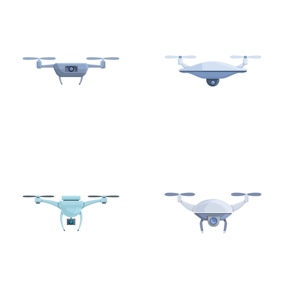 Flying drone icons set cartoon . Drone quadrocopter with camera vector