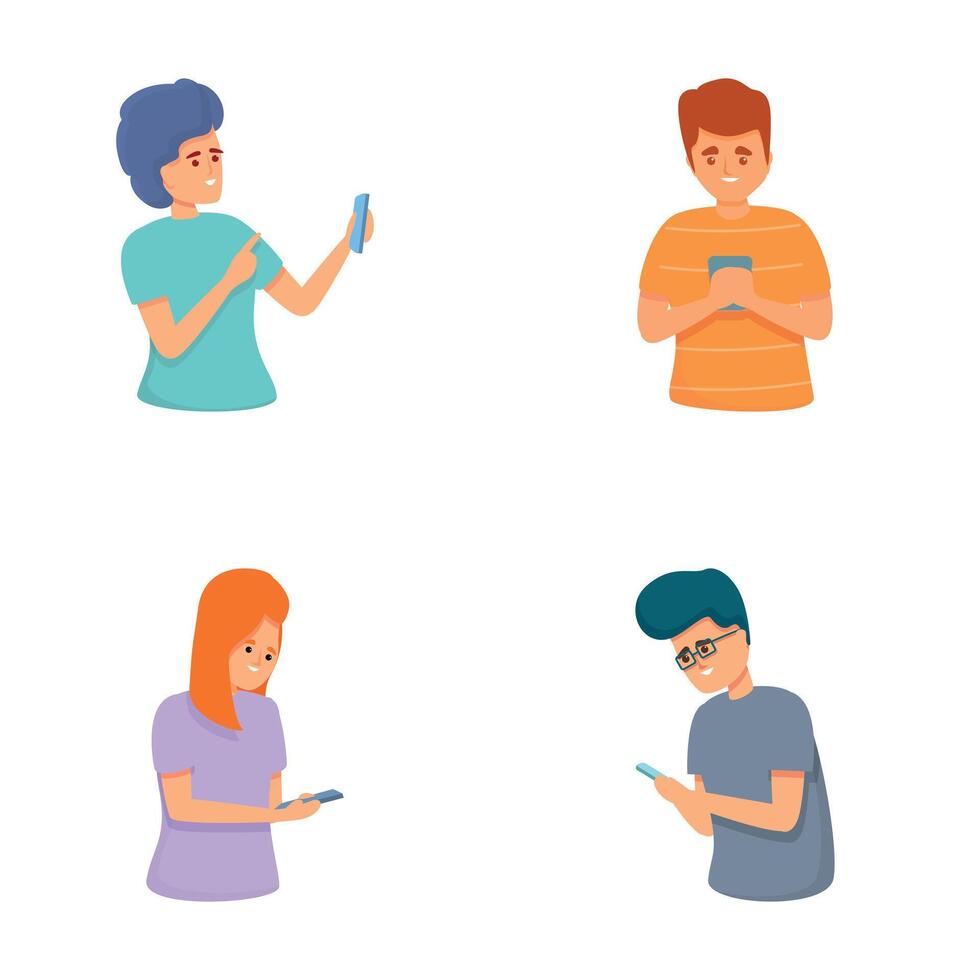 Smartphone addiction icons set cartoon . Young people looking at phone vector