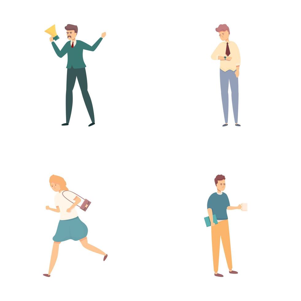 Deadline icons set cartoon . Office employee working overtime vector