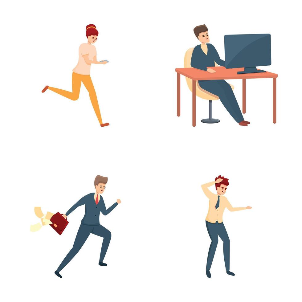 Rush job icons set cartoon . Hurrying and running office worker vector
