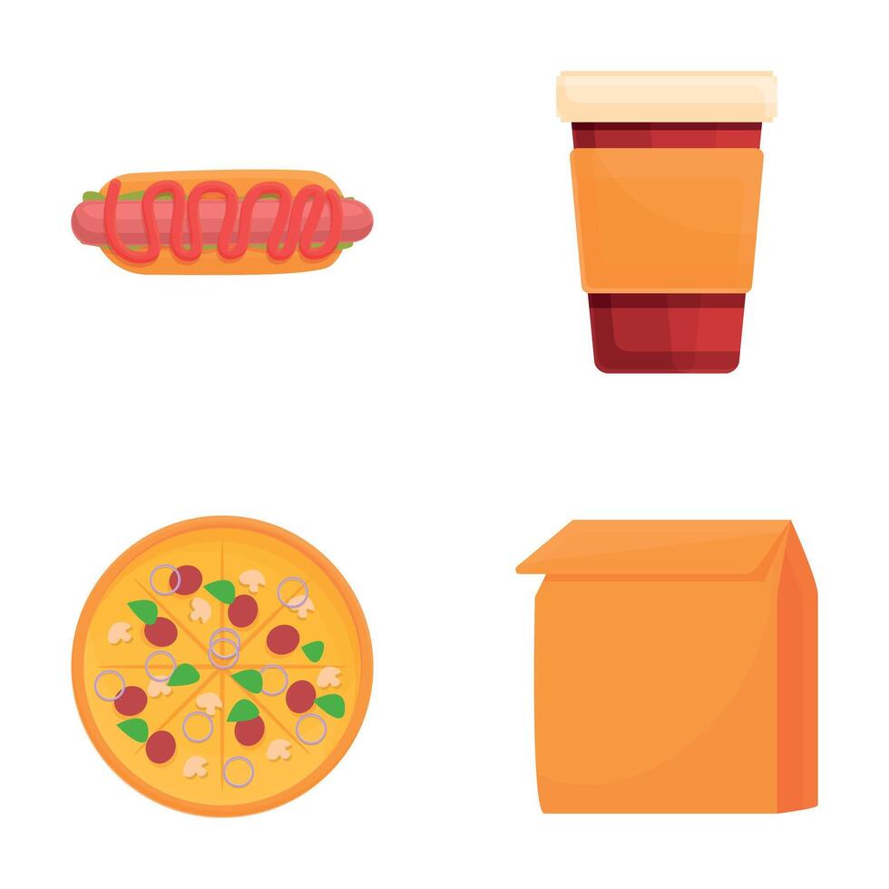 Fast food icons set cartoon . Hot dog pizza and takeaway drink vector