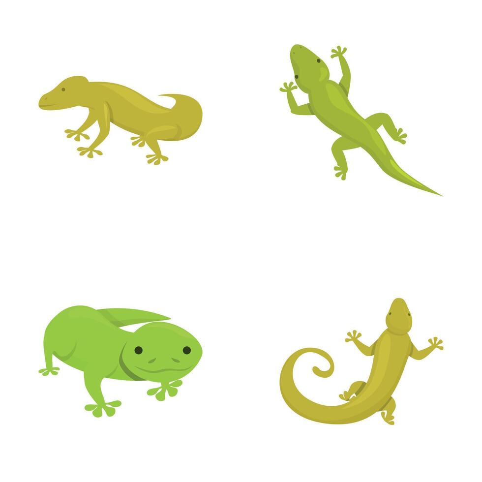Green gecko icons set cartoon . Cute cartoon exotic lizard vector
