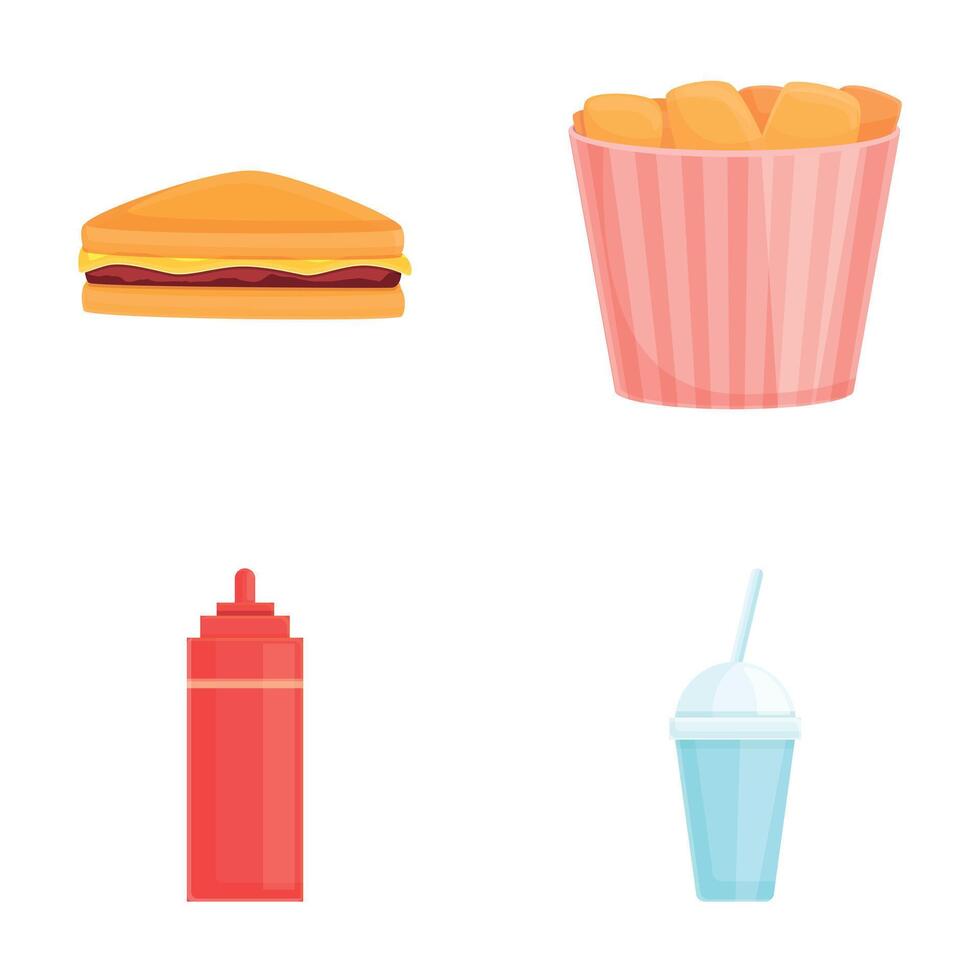Street food icons set cartoon . Sandwich chicken nugget drink and ketchup vector