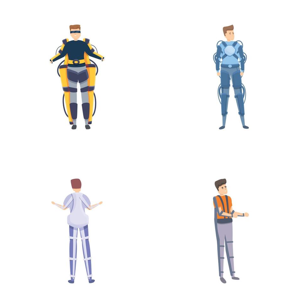 Man exoskeleton icons set cartoon . Man in robotic exoskeleton costume vector