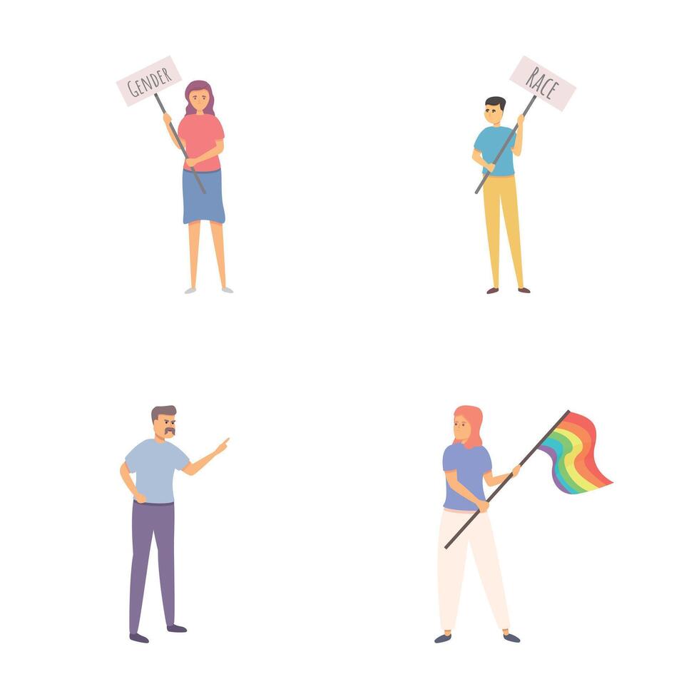 Rights protection icons set cartoon . People stand against discrimination vector