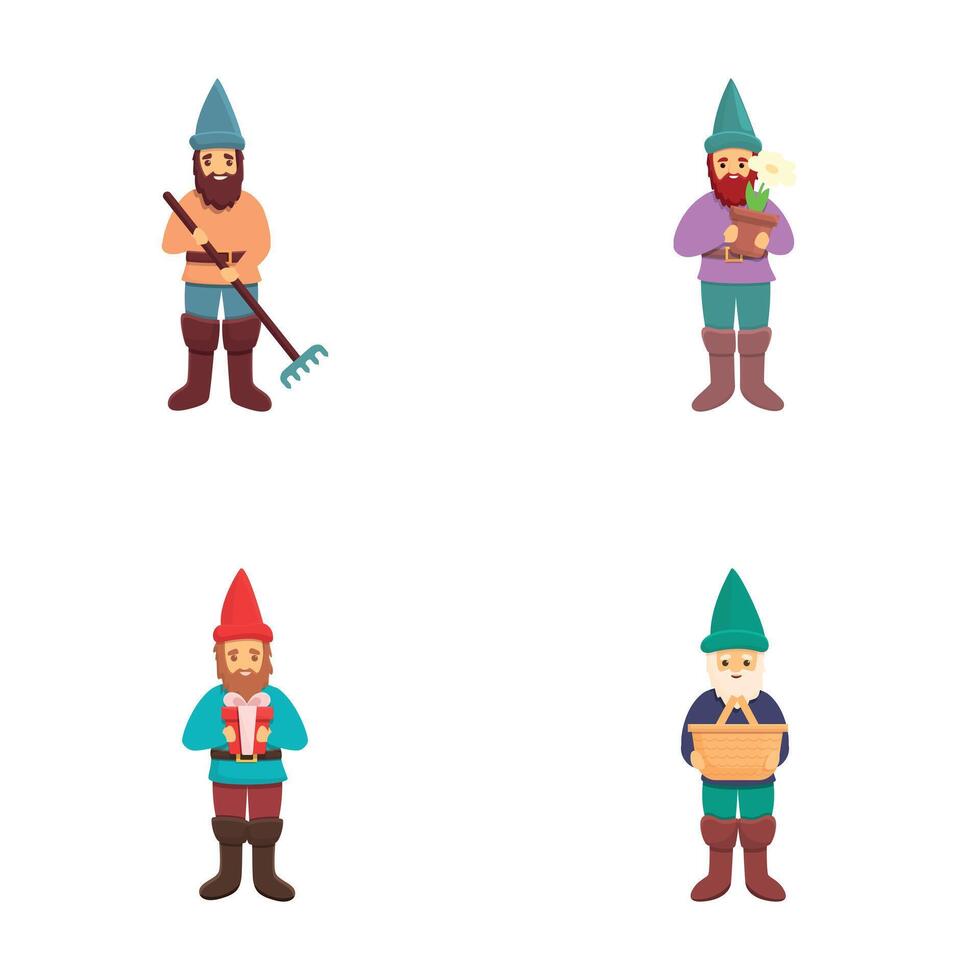 Cute gnome icons set cartoon . Funny garden decoration gnome vector