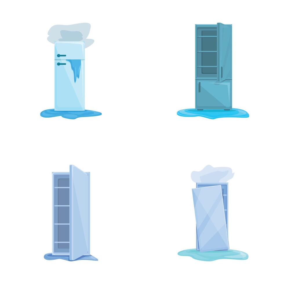 Broken refrigerator icons set cartoon . Damaged fridge with water flowing vector