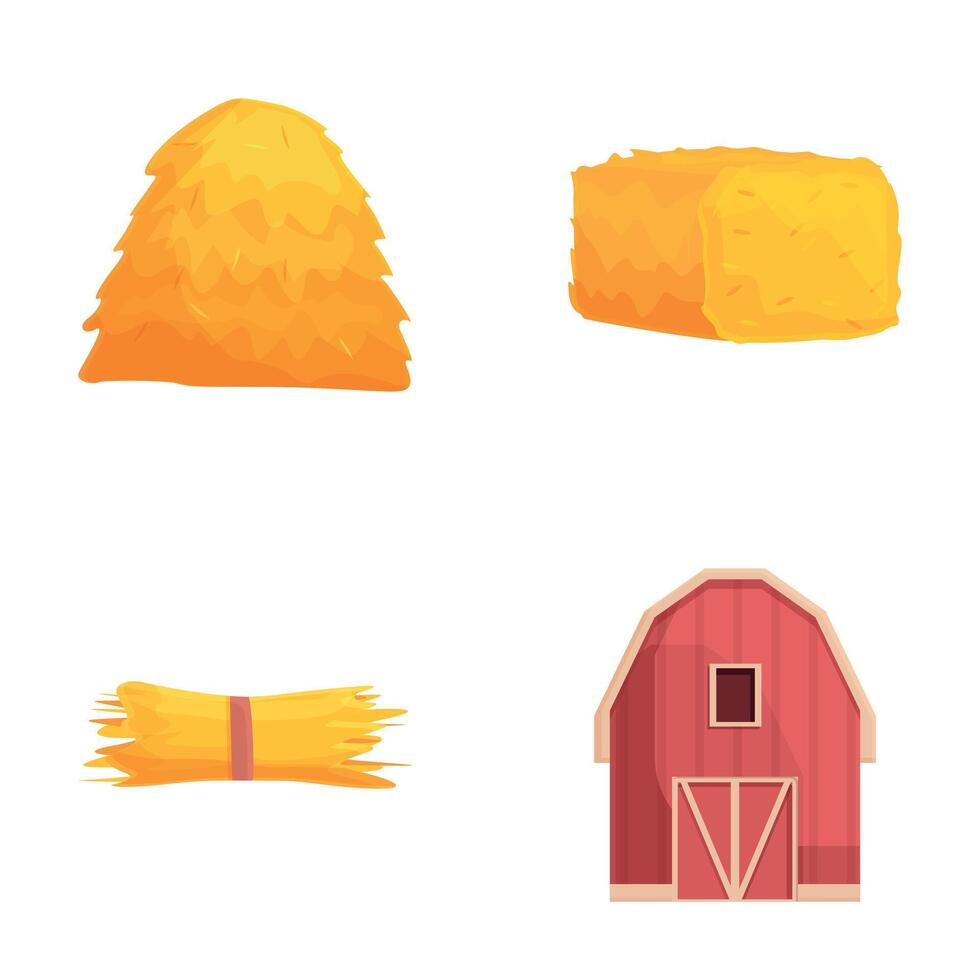 Hayloft icons set cartoon . Bale and stack of dry hay and storage vector