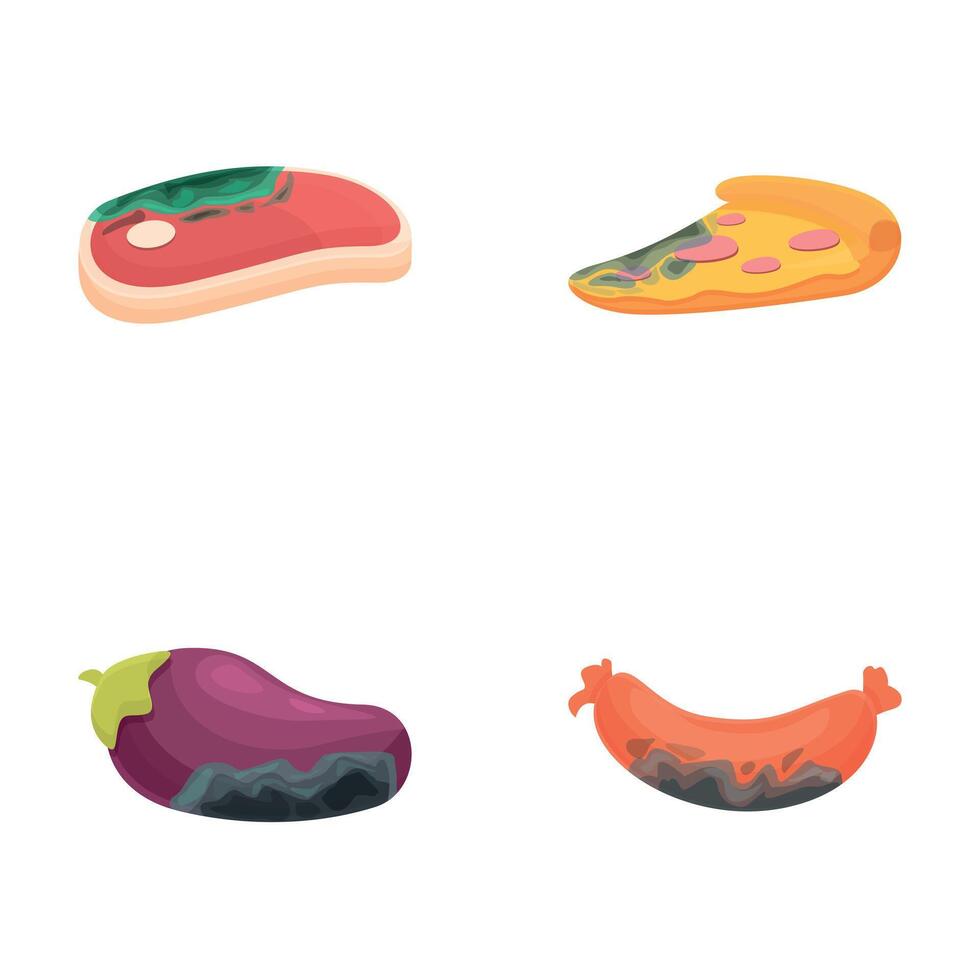Moldy food icons set cartoon . Spoiled and damaged product vector
