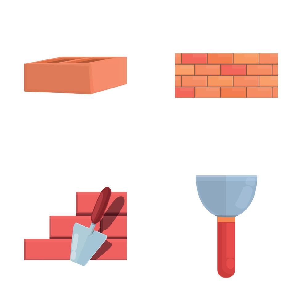 Brick work icons set cartoon . Brick wall and trowel vector