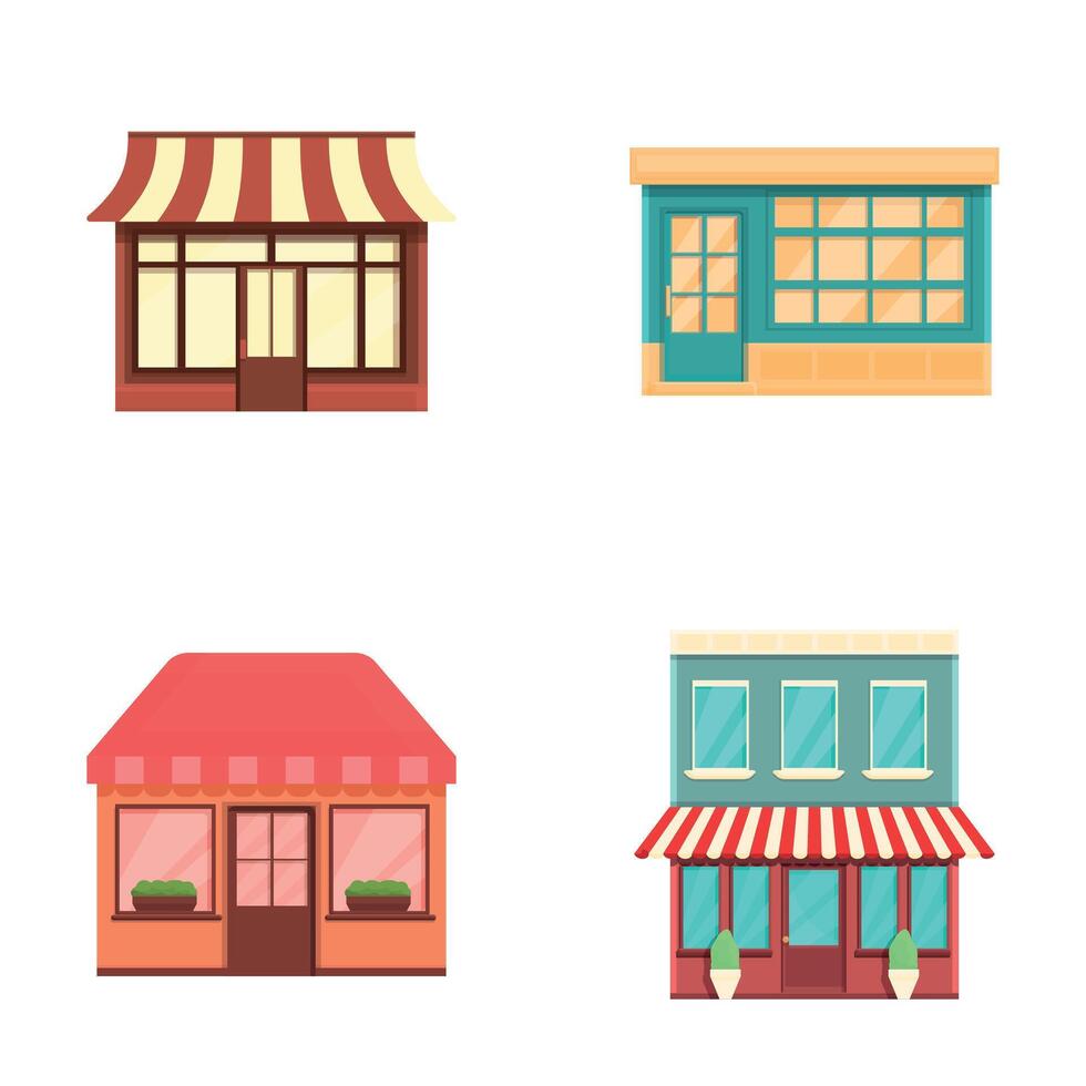 Street cafe icons set cartoon . Colorful facade of cafe with canopy vector