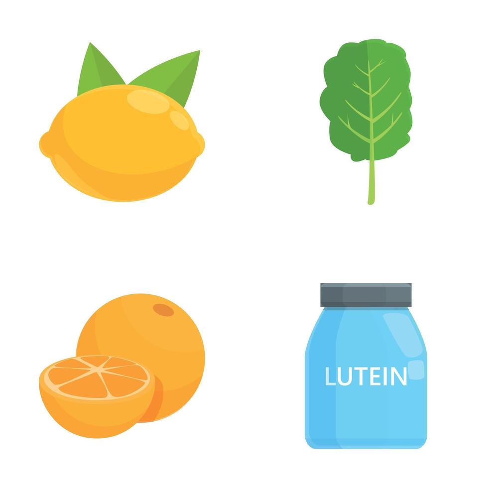 Lutein product icons set cartoon . Lutein product and dietary supplement vector