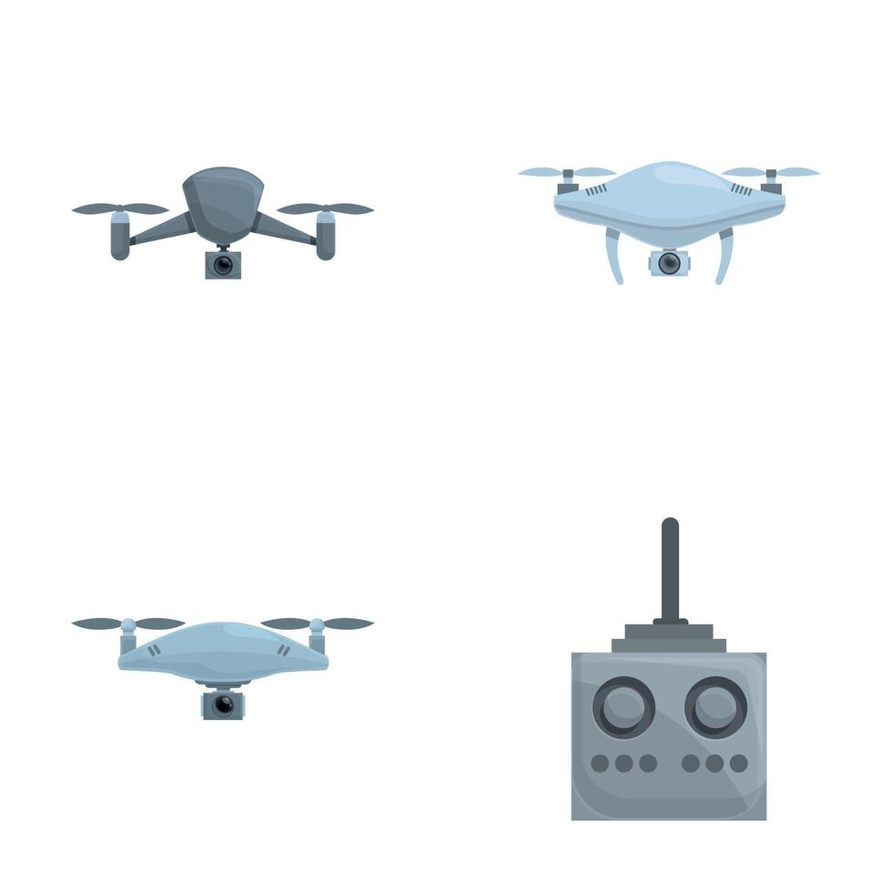 Quadrocopter icons set cartoon . Various drone with integrated camera vector