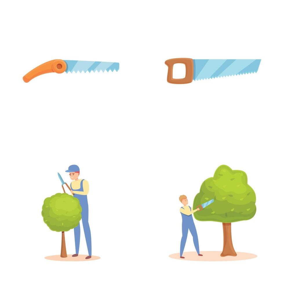 Gardener work icons set cartoon . Professional gardener with various tool vector