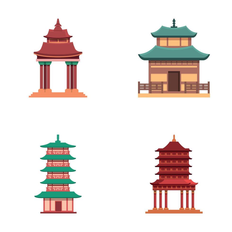 Chinese temple icons set cartoon . Asian traditional building vector