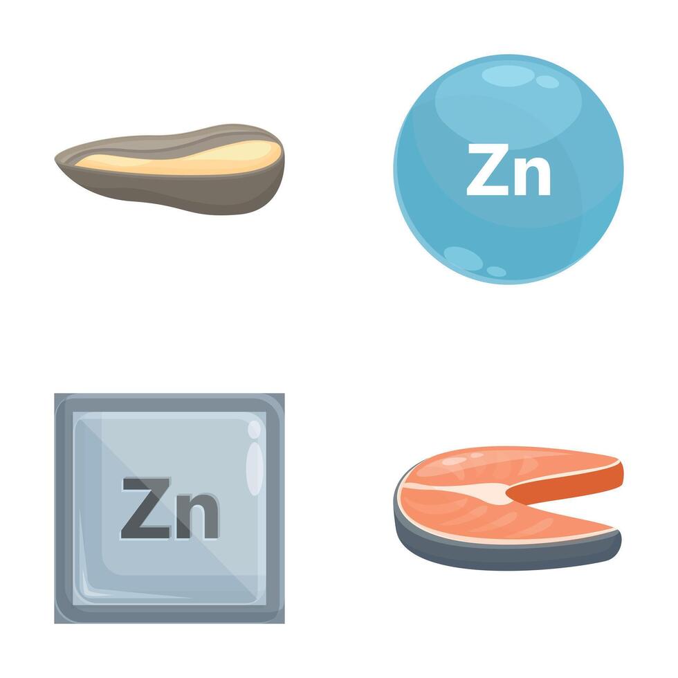Zinc mineral icons set cartoon . Food product with high content of zinc vector