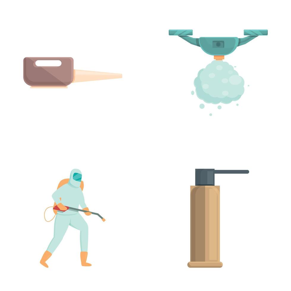 Insect control icons set cartoon . Disinfector man in protective suit vector