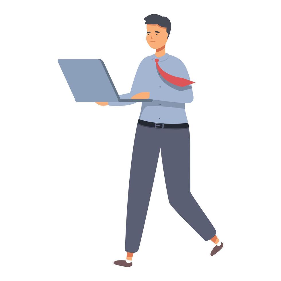 Young workaholic manager icon cartoon . Laptop using vector