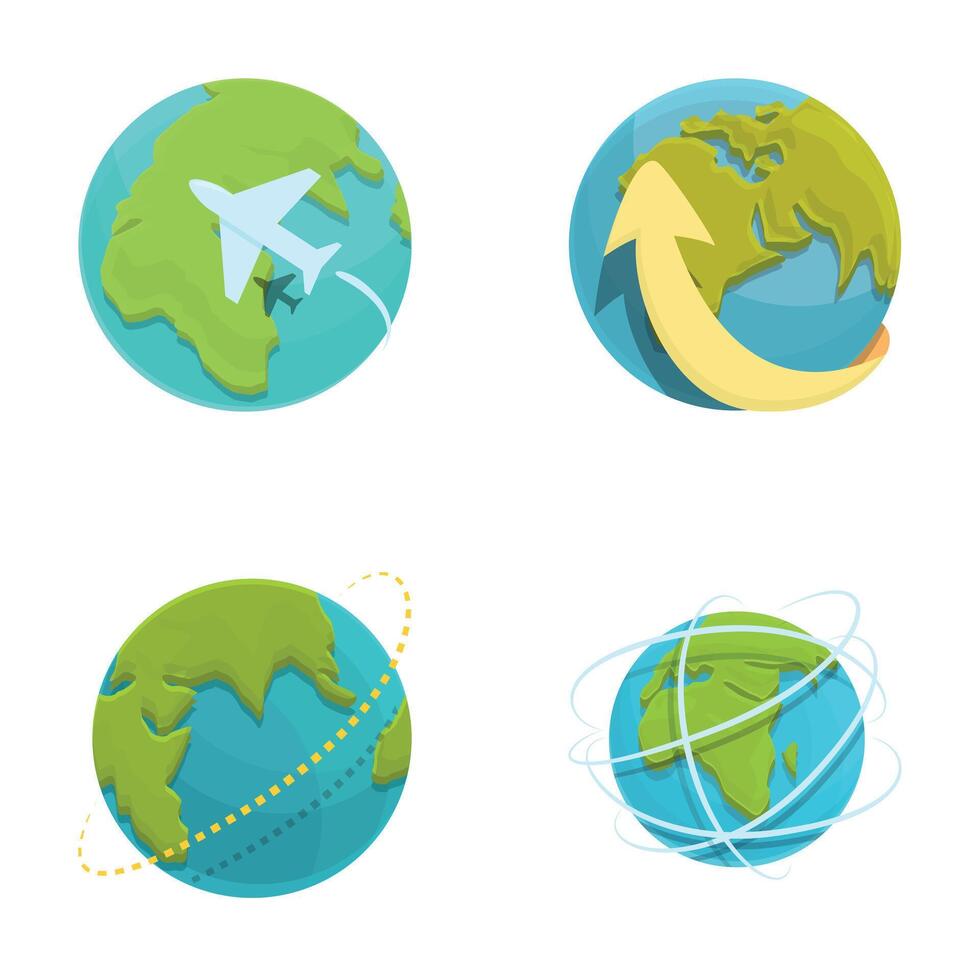 Around globe icons set cartoon . Passenger plane flies around earth vector