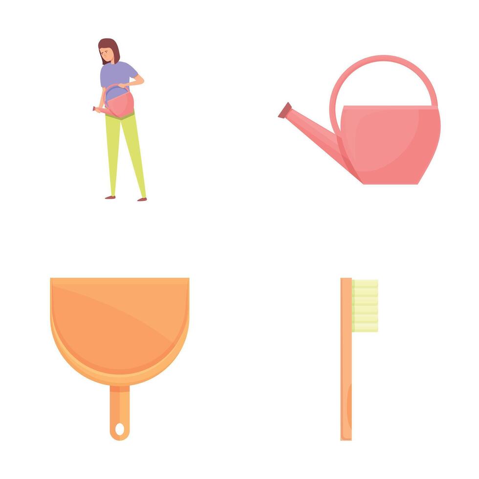 Household icons set cartoon . Woman doing household chore vector