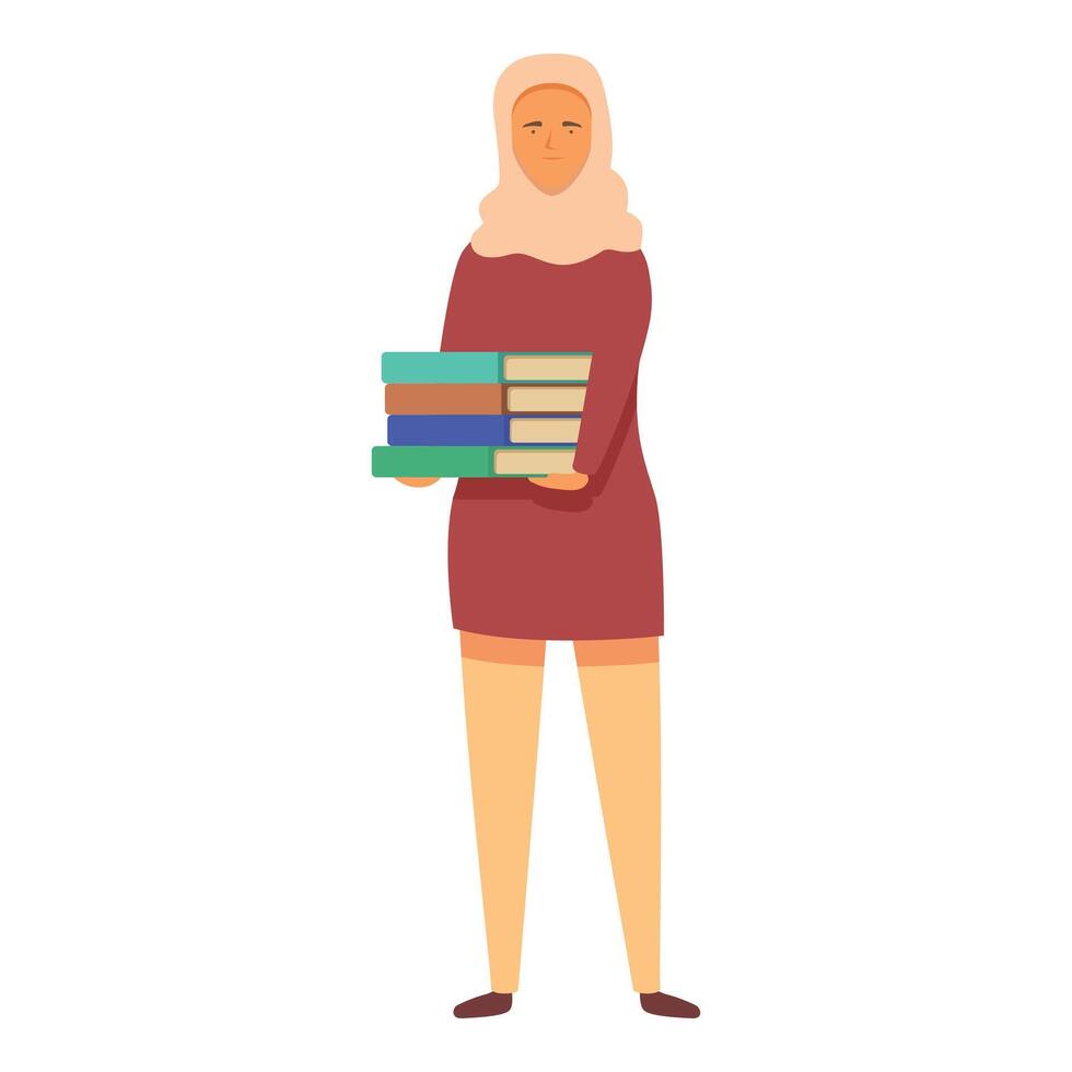 Girl in hijab with book stack icon cartoon . Academic study route vector