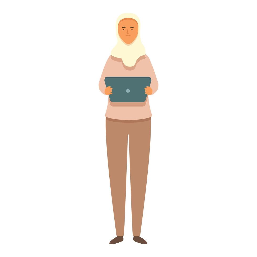 Girl in hijab study with tablet icon cartoon . Modern student vector