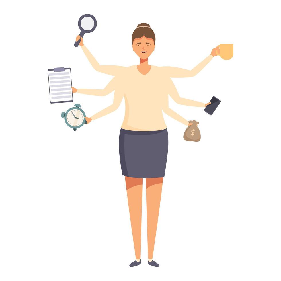 Multitasking workaholic person icon cartoon . Office manager vector